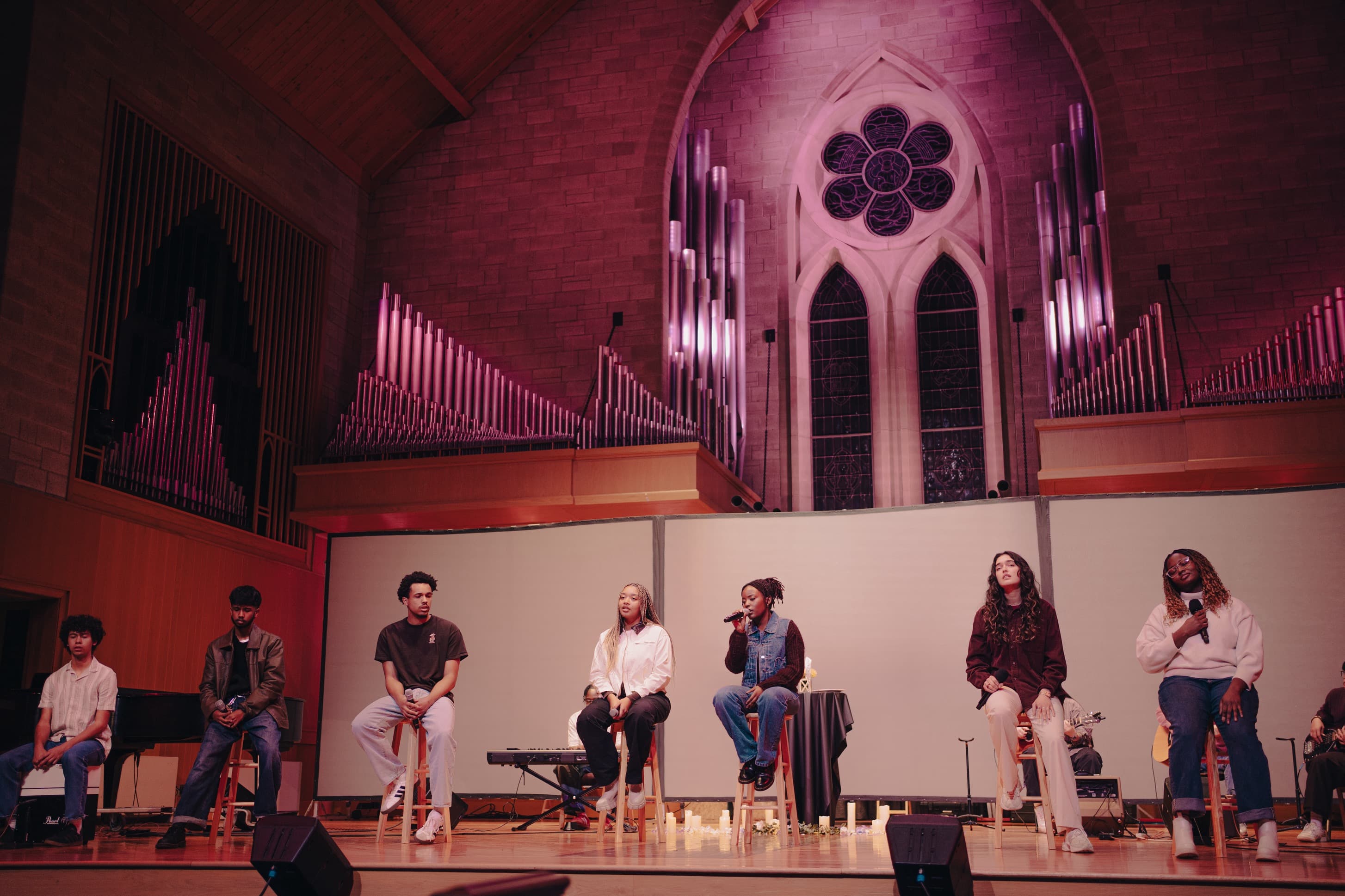 Worship gathering in a historic auditorium